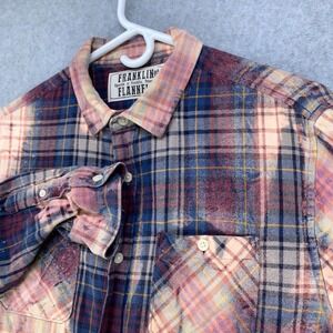 Franklin Flannels Shirt Mens M Blue Plaid Upcycled Bleached Distressed L/S